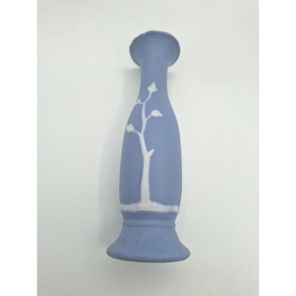 Wedgwood Blue Jasperware Bud Vase Neoclassical White Bas-Relief 7.5 Inch